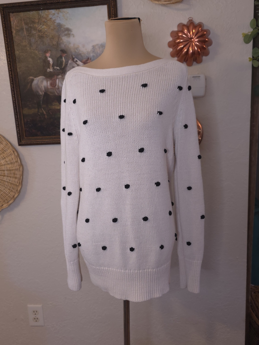 LOFT White Black Pom Detail Polka Dot Boat Neck Sweater Preppy
